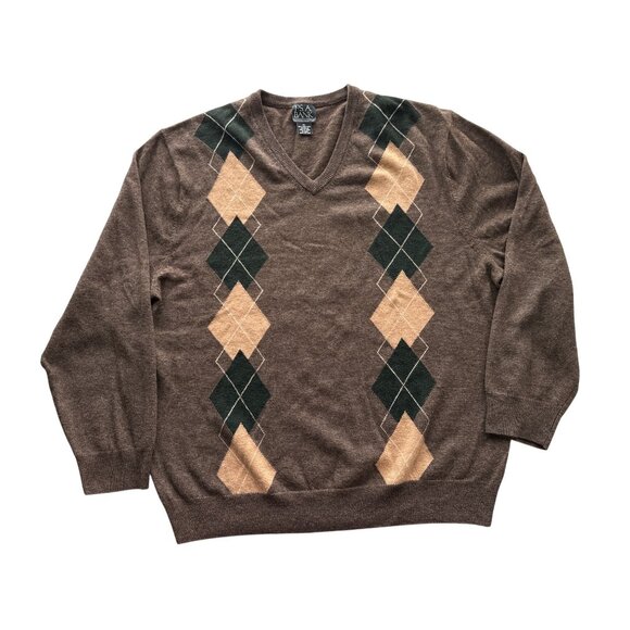Jos. A. Bank Brown Argyle Sweater Executive Collection 80% Lambs Wool V-Neck XL - Picture 1 of 3